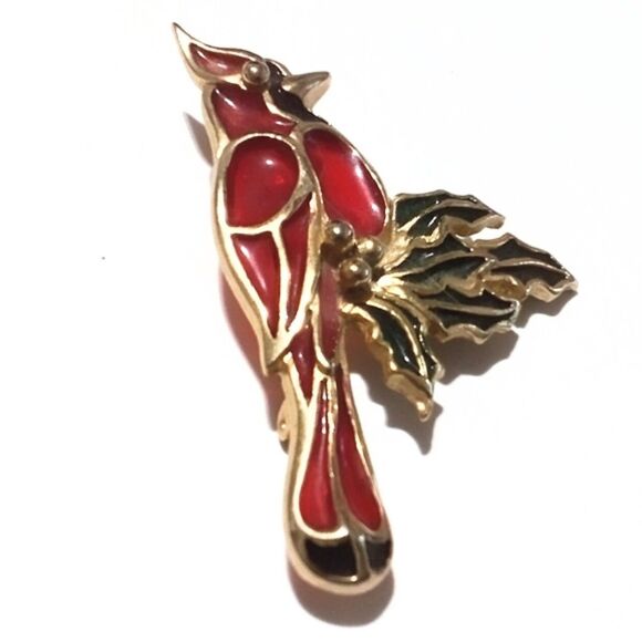 Vintage Stained Glass Style Poured Enamel Cardinal Brooch - Picture 3 of 5